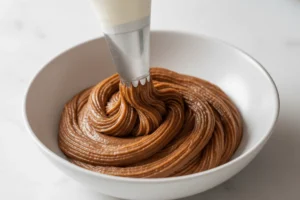 Chestnut cream being piped with a pastry bag, forming fine strands used in Mont Blanc dessert.
