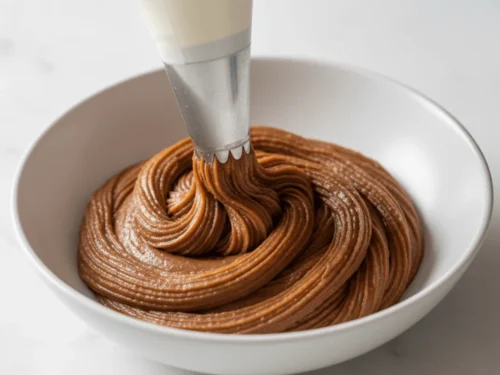 Chestnut cream being piped with a pastry bag, forming fine strands used in Mont Blanc dessert.
