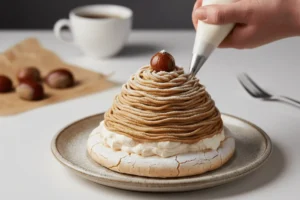 Step-by-step assembly of Mont Blanc with meringue, whipped cream, and piped chestnut cream strands.