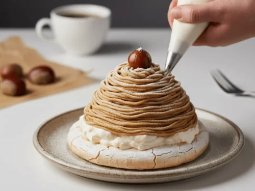 Step-by-step assembly of Mont Blanc with meringue, whipped cream, and piped chestnut cream strands.