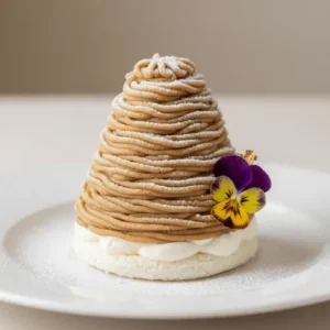 A finished Mont Blanc dessert dusted with powdered sugar, resembling a snowy mountain.