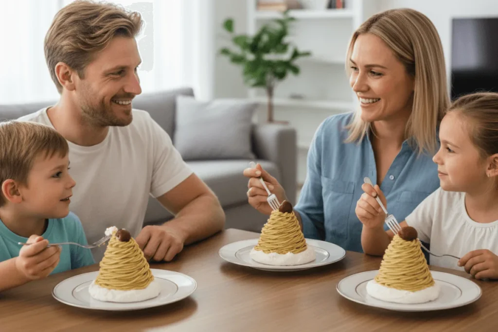 A happy family sitting around a dining table, enjoying Mont Blanc desserts together, smiling and sharing sweet moments.