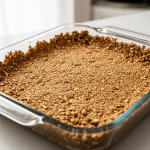 Crushed pretzels mixed with butter and sugar pressed into a pan, forming the base layer of strawberry pretzel dessert.