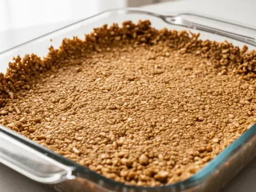 Crushed pretzels mixed with butter and sugar pressed into a pan, forming the base layer of strawberry pretzel dessert.