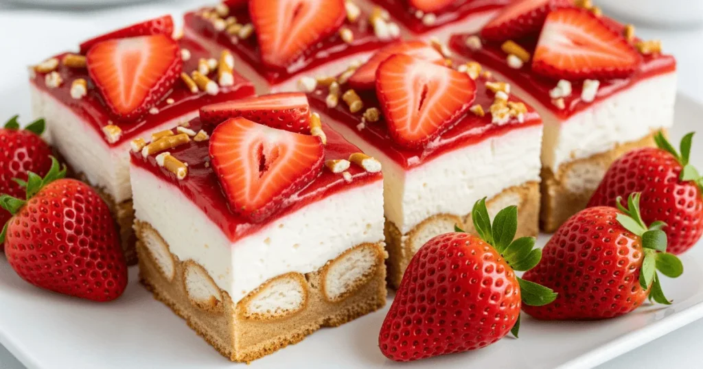 A neat slice of strawberry pretzel dessert with three layers: salty pretzel crust, creamy filling, and fresh strawberry topping. Perfect for BBQs and family gatherings