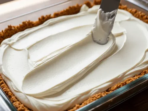 Cream cheese mixture spread over a pretzel crust to form the creamy middle layer of strawberry pretzel dessert.