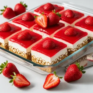 A pan of strawberry pretzel dessert cut into squares, showing its layered texture with strawberries for garnish.