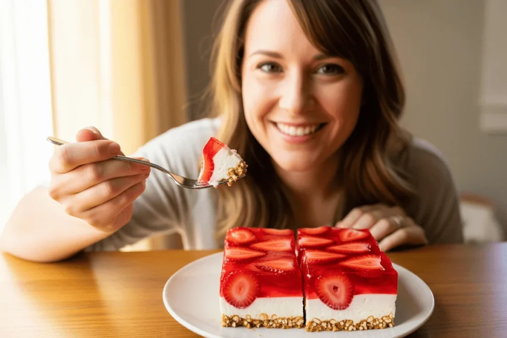 A happy woman enjoying a bite of strawberry pretzel dessert, showing the layered treat on her plate.