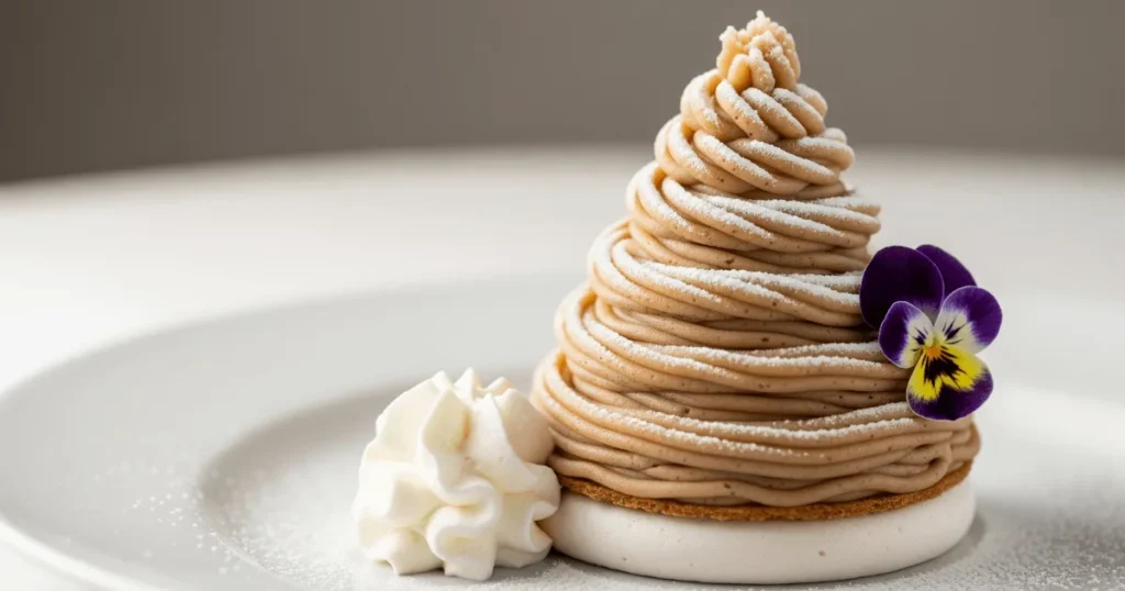 A beautifully piped Mont Blanc dessert with chestnut cream and powdered sugar on top of a meringue base.