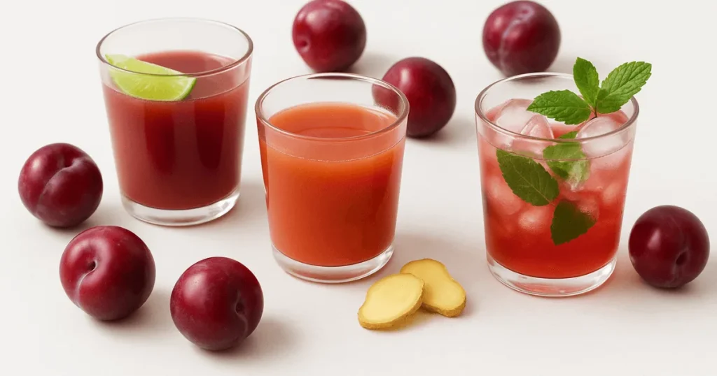 Three refreshing plum juices — classic, ginger zinger, and mint cooler — served in clear glasses on a white table with fresh plums and lime slices.