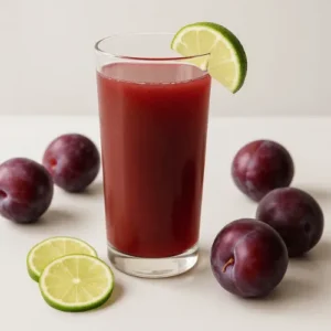 A tall glass of classic plum juice with a lime wedge garnish, surrounded by fresh plums and lime slices on a white table.