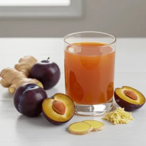 A refreshing plum juice paired with ginger slices and fresh plums on a clean white table, styled to show a zesty morning drink.