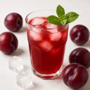 A cooling plum juice served with mint leaves and ice cubes, surrounded by fresh plums on a white table.