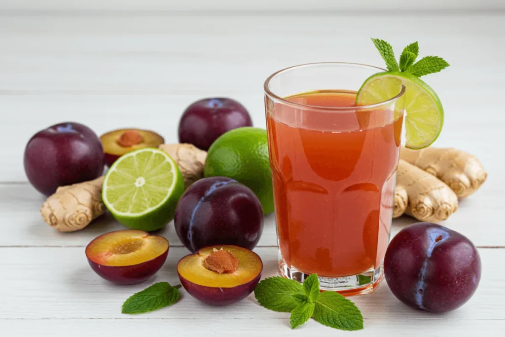 A glass of natural plum juice served with fresh plums, lime slices, ginger, and mint on a white table, highlighting freshness and purity.
