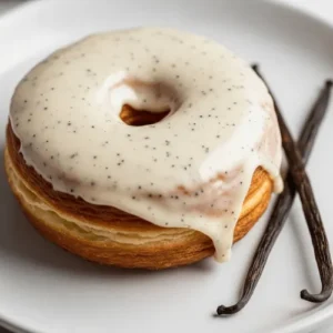 A single cronut elegantly covered in a classic vanilla bean glaze, showcasing the subtle specks of real vanilla. This image emphasizes the simplicity and gourmet appeal of the vanilla glaze recipe.