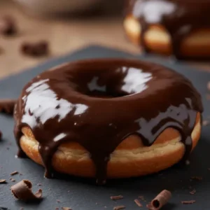A cronut covered in a decadent, shiny dark chocolate glaze, highlighting its smooth and luxurious finish. This visual emphasizes the rich, indulgent nature of the chocolate glaze recipe for dessert lovers.