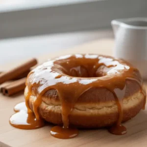 A cronut featuring a thick, inviting maple glaze, with a warm, amber tone that suggests comfort. This image perfectly captures the essence of a cozy morning treat with its rich maple flavor.
