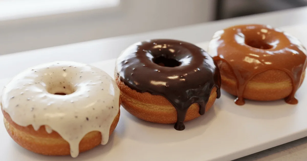 hree cronuts, each with a different glaze – vanilla bean, rich chocolate, and amber maple – beautifully presented together. This image showcases the variety of delicious glaze options available for homemade cronuts.