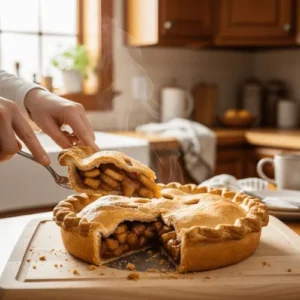 Close-up of a person slicing a golden-brown apple pie with cinnamon-spiced filling.