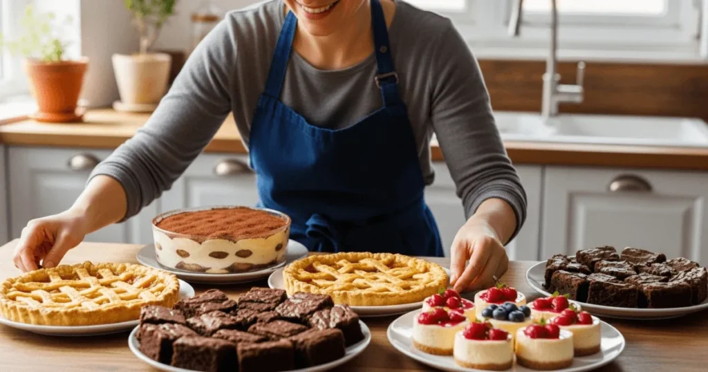 A person arranging a variety of homemade desserts like apple pie, tiramisu, and brownies on a kitchen counter.