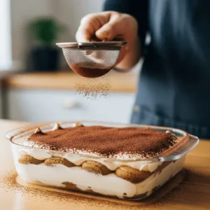 A hand dusting cocoa powder over creamy tiramisu with visible coffee-soaked ladyfingers.