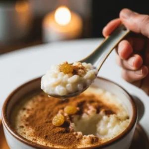 Spoonful of creamy rice pudding with cinnamon on top, served in a simple ceramic bowl.