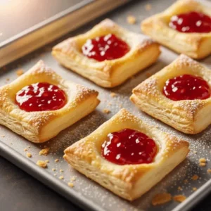 Freshly baked puff pastry squares filled with raspberry jam on a baking tray.