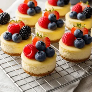Mini cheesecakes topped with strawberries and blueberries cooling on a rack.