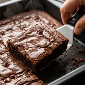 A person lifting a rich, fudgy brownie with melted chocolate chips from a baking pan.
