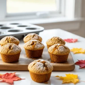 Refined sugar-free pumpkin spice muffins cooling on a counter, showing their soft, fluffy texture and warm fall color.