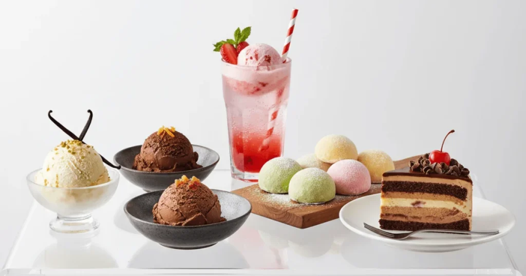 A realistic image featuring five gourmet ice cream desserts: vanilla, chocolate, strawberry soda, mochi, and ice cream cake displayed on a white table.