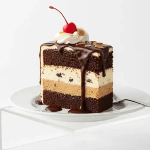 A slice of layered ice cream cake with visible layers of cake, ice cream, and fudge topping on a white table.
