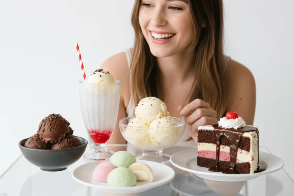 A woman happily enjoying different gourmet Ice Cream Recipe desserts including vanilla, chocolate, strawberry soda, mochi, and ice cream cake at a white table.