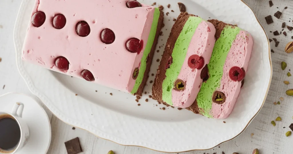 Layered Italian spumoni ice cream loaf with pistachio, chocolate, and cherry layers sliced on marble, topped with nuts and cherries.