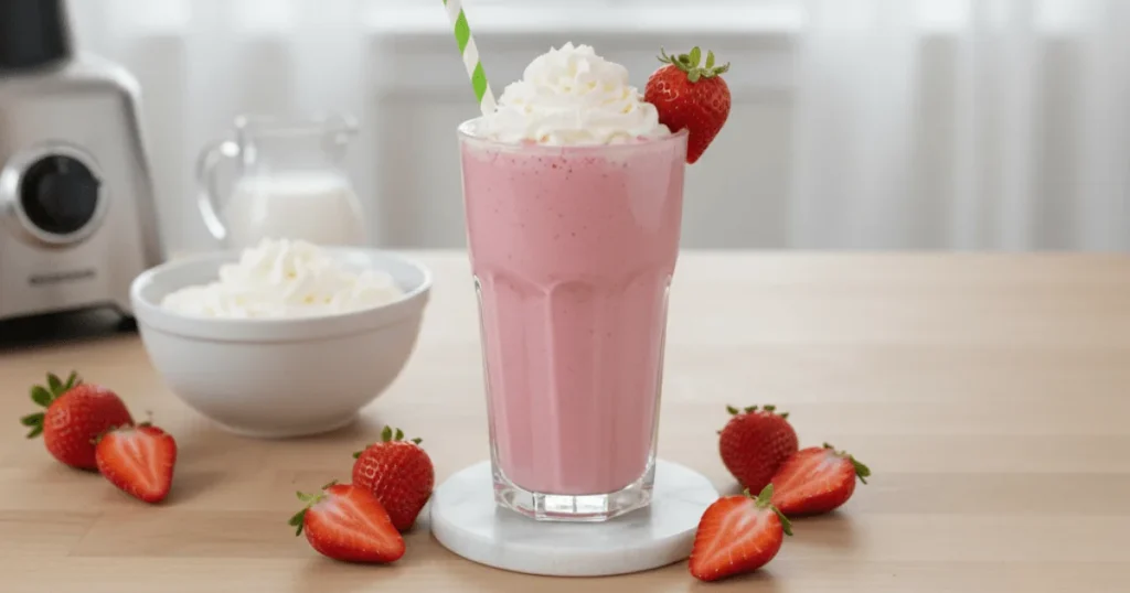 A refreshing, thick pink strawberry milkshake in a tall glass, viewed from a low angle against a bright background, garnished with whipped cream and a fresh strawberry. This 16:9 image serves as the main blog post header.