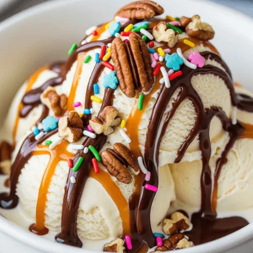 Close-up of creamy vanilla ice cream melting under layers of chocolate and caramel drizzle with nuts and sprinkles.