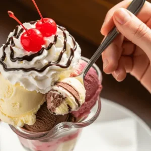 A spoon scooping into a sundae with whipped cream and cherries, highlighting its creamy layers.