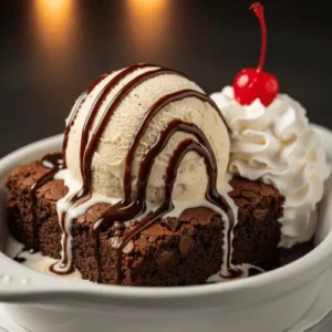 A warm brownie topped with melting vanilla ice cream, fudge sauce, and whipped cream for the ultimate gooey dessert.