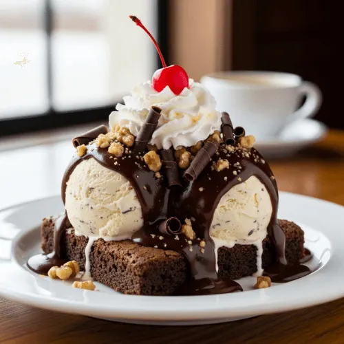 A decadent brownie sundae garnished with chocolate curls, fudge, and nuts.