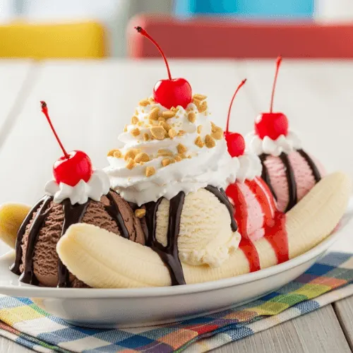A banana split with three scoops of ice cream, sauces, whipped cream, nuts, and cherries — a colorful classic dessert.