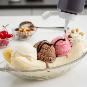 Close-up shot of assembling a banana split sundae with banana halves and ice cream scoops.