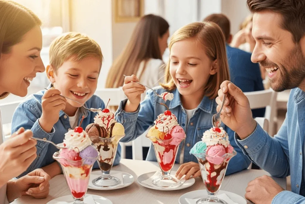 A cheerful family sitting together and enjoying colorful ice cream sundaes topped with whipped cream and cherries.