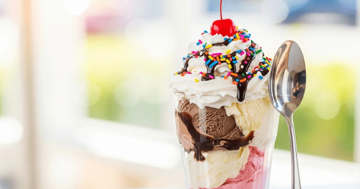 A tall glass of classic ice cream sundae topped with whipped cream, chocolate syrup, and a cherry, perfect for a refreshing summer dessert.