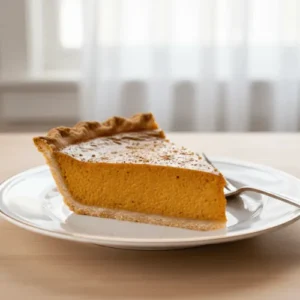 A close-up shot of a wedge of keto pumpkin pie, highlighting the creamy texture, festive spices, and a simple, low-carb crust.