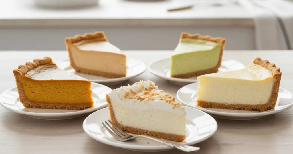 Stunning featured image showcasing five different slices of low-carb, keto-friendly pies. Highlights the variety of baked and no-bake dessert options available on a ketogenic diet.