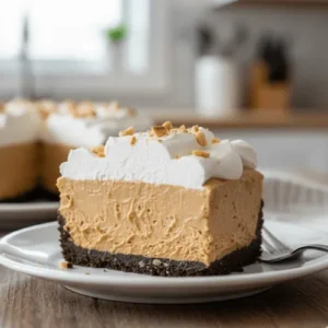 decadent slice of no-bake keto peanut butter pie with a thick, smooth filling and a chocolate crust, perfect for a quick, chilled dessert.