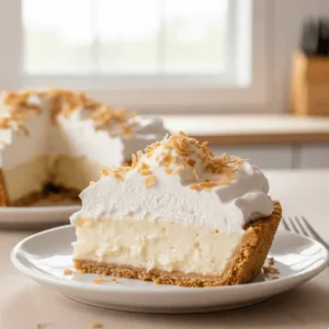 beautiful serving of keto coconut cream pie, piled high with fresh whipped cream and lightly toasted coconut flakes, emphasizing its tropical flavor.