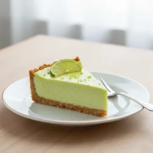 A perfectly portioned slice of bright, zesty keto key lime cheesecake with a smooth, crack-free surface and a buttery crust.