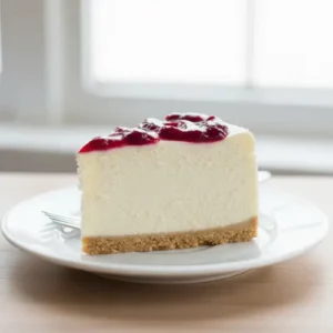 A thick, dense slice of the ultimate classic keto cheesecake, showing its rich, creamy texture and simple, buttery almond flour base.