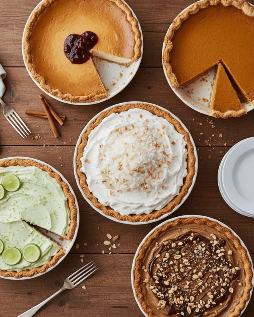 Overhead view of five whole or sliced keto pies displayed on a table, illustrating the wide range of decadent low-carb desserts and recipes available.